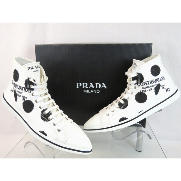 PRADA 1T618M WHITE BLACK POLKA CANVAS LOGO POINTY CAP HIGH TOP SNEAKERS 38 ITALY - Picture 6 of 15